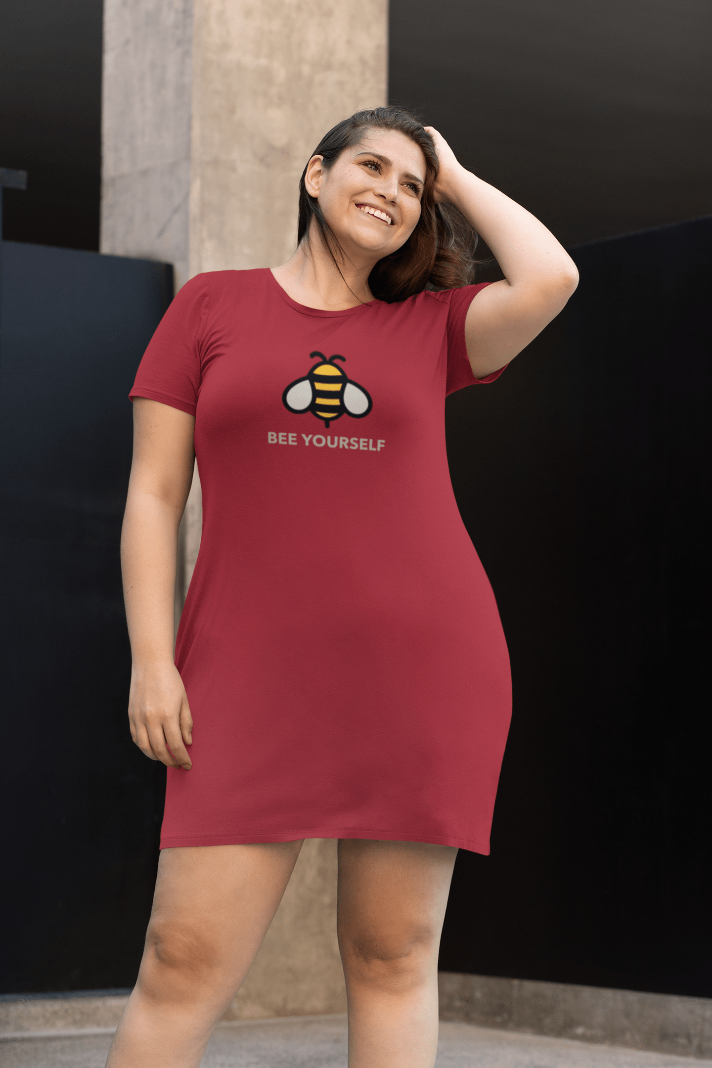 " BEE YOURSELF " - 3/4TH SLEEVE T-SHIRT DRESSES RED