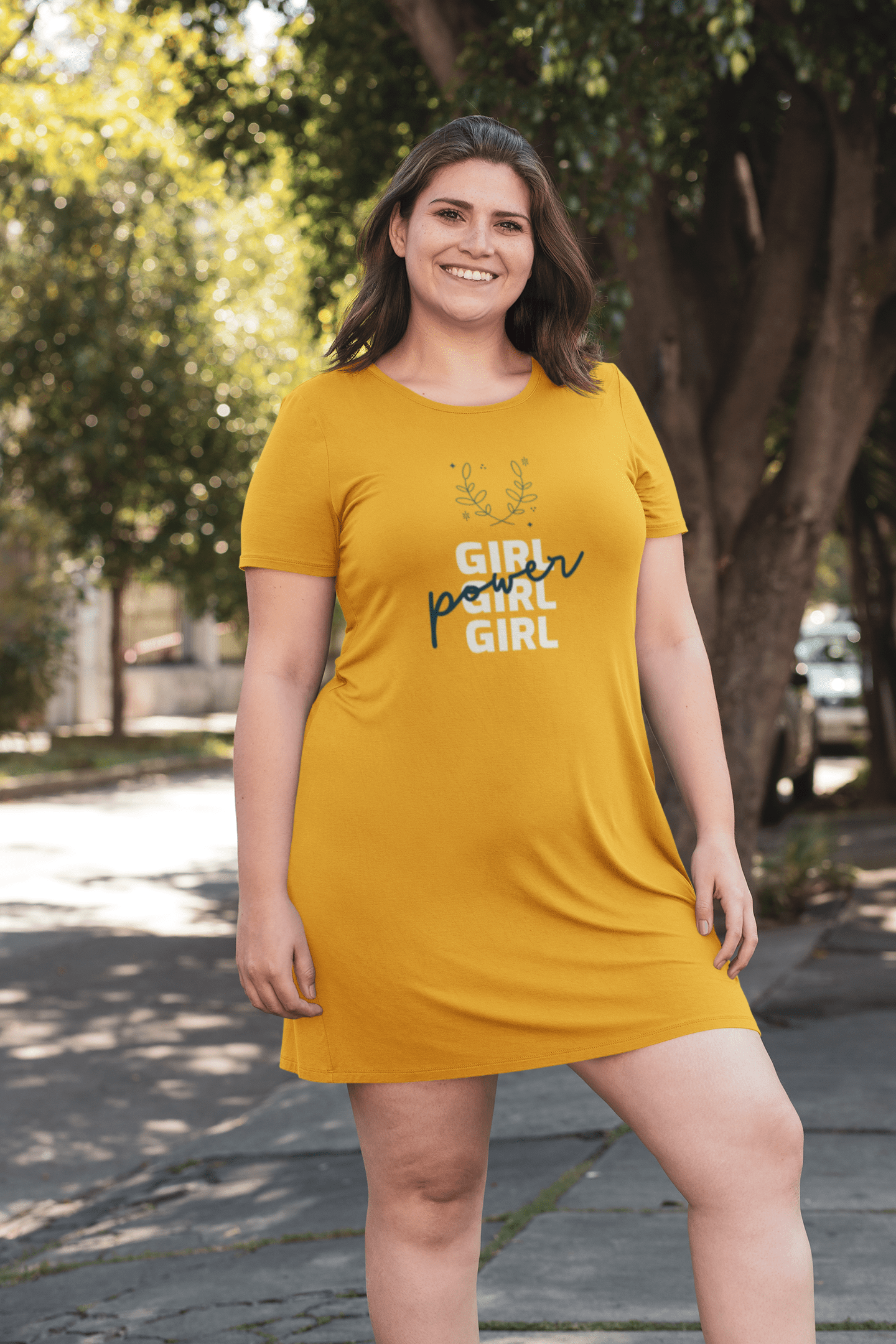 " GIRL POWER " - 3/4TH SLEEVE T-SHIRT DRESSES YELLOW