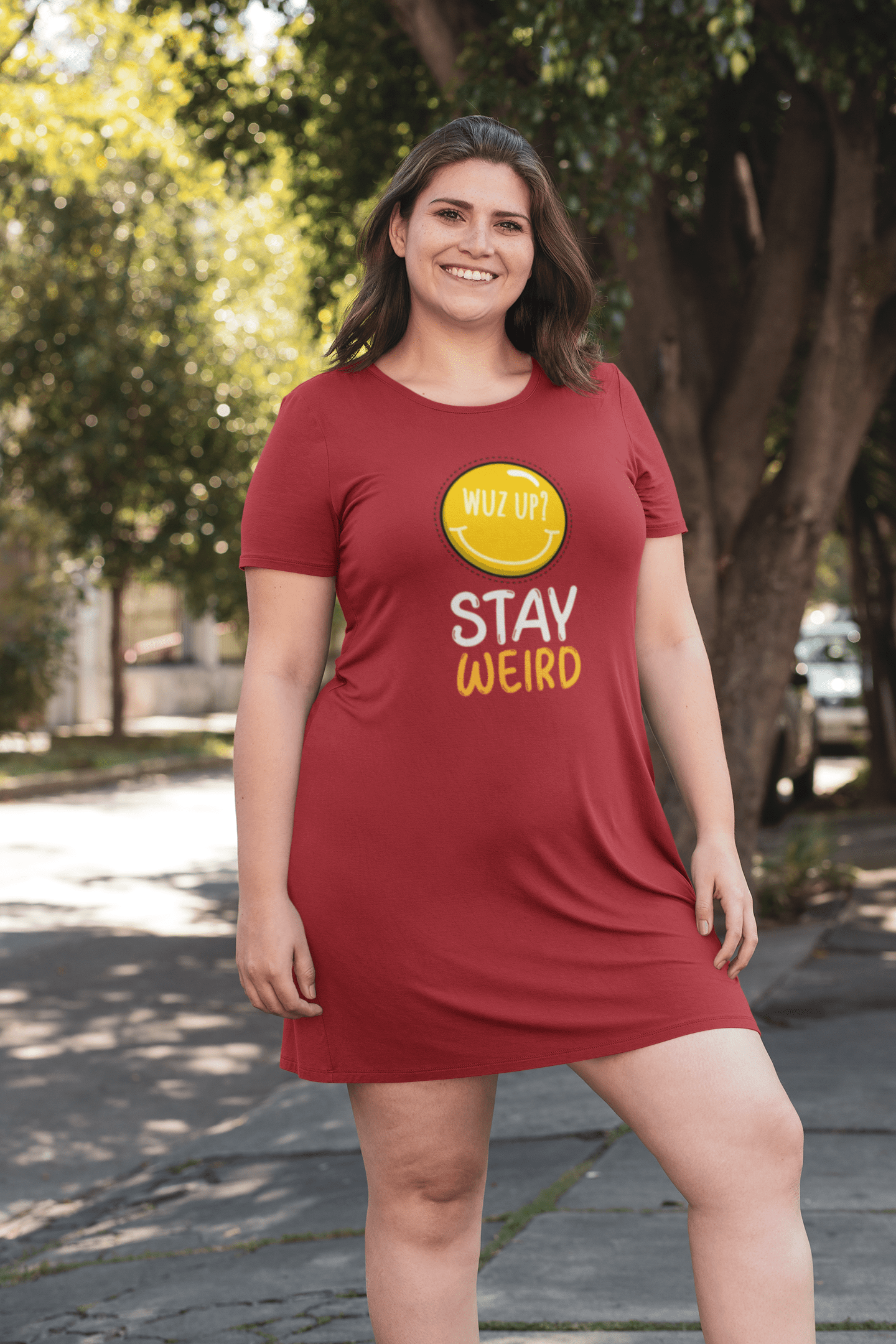 " STAY WEIRD " - 3/4TH SLEEVE T-SHIRT DRESSES RED