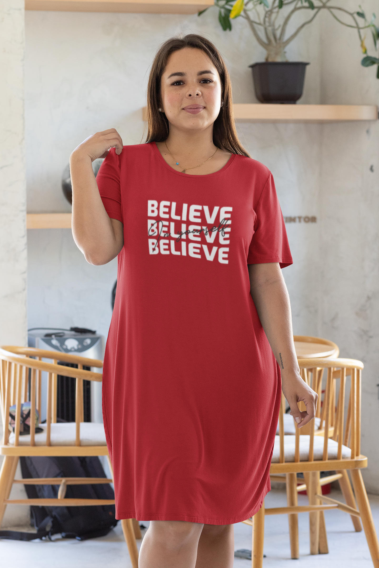 BELIEVE IN YOURSELF : 3/4TH SLEEVE T-SHIRT DRESSES RED