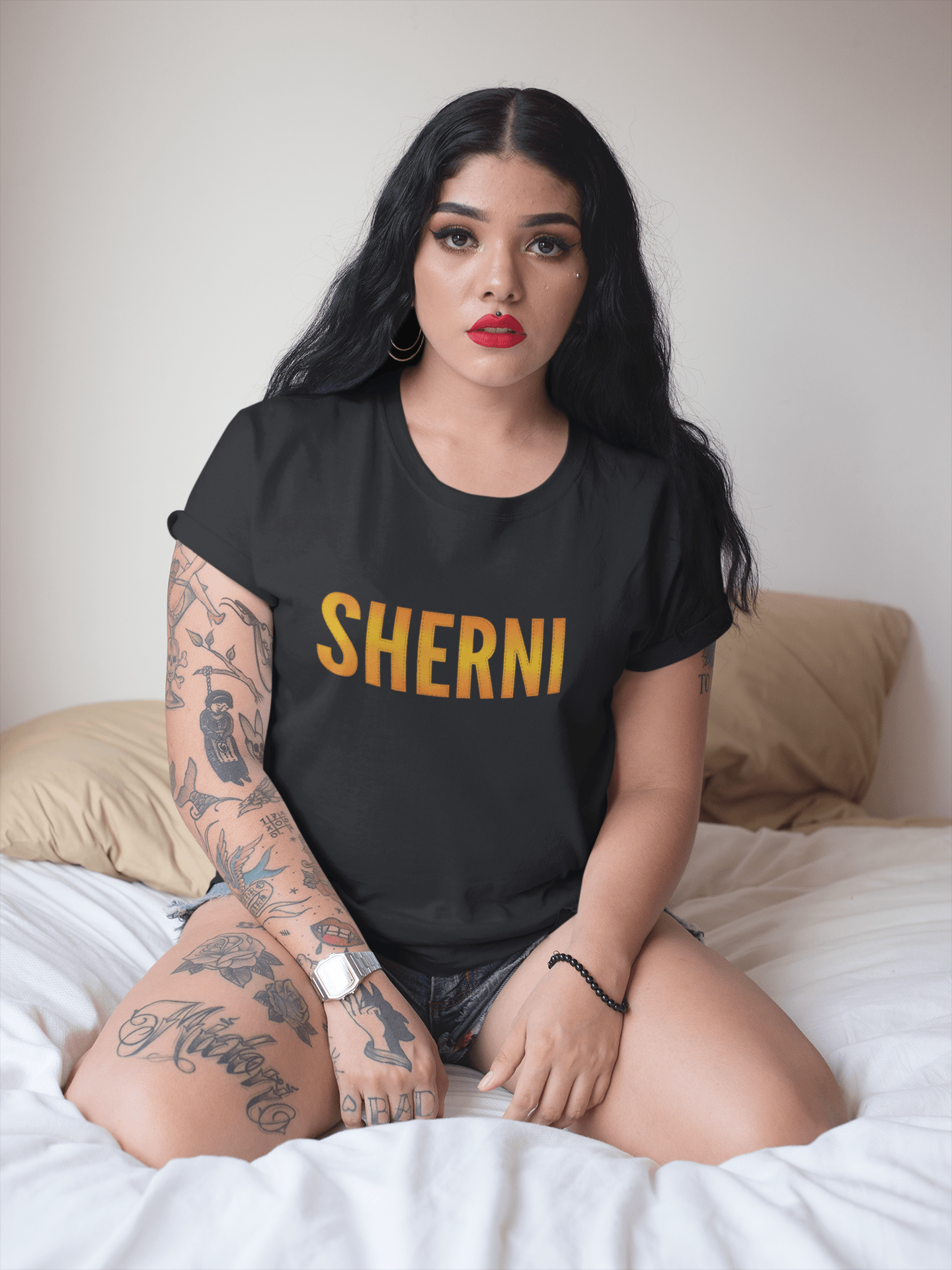 "SHERNI" - HALF-SLEEVE T-SHIRTS BLACK ORANGE