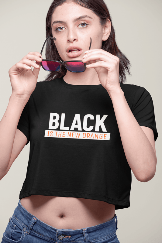 " BLACK IS NEW ORANGE " - HALF-SLEEVE CROP TOPS. BLACK