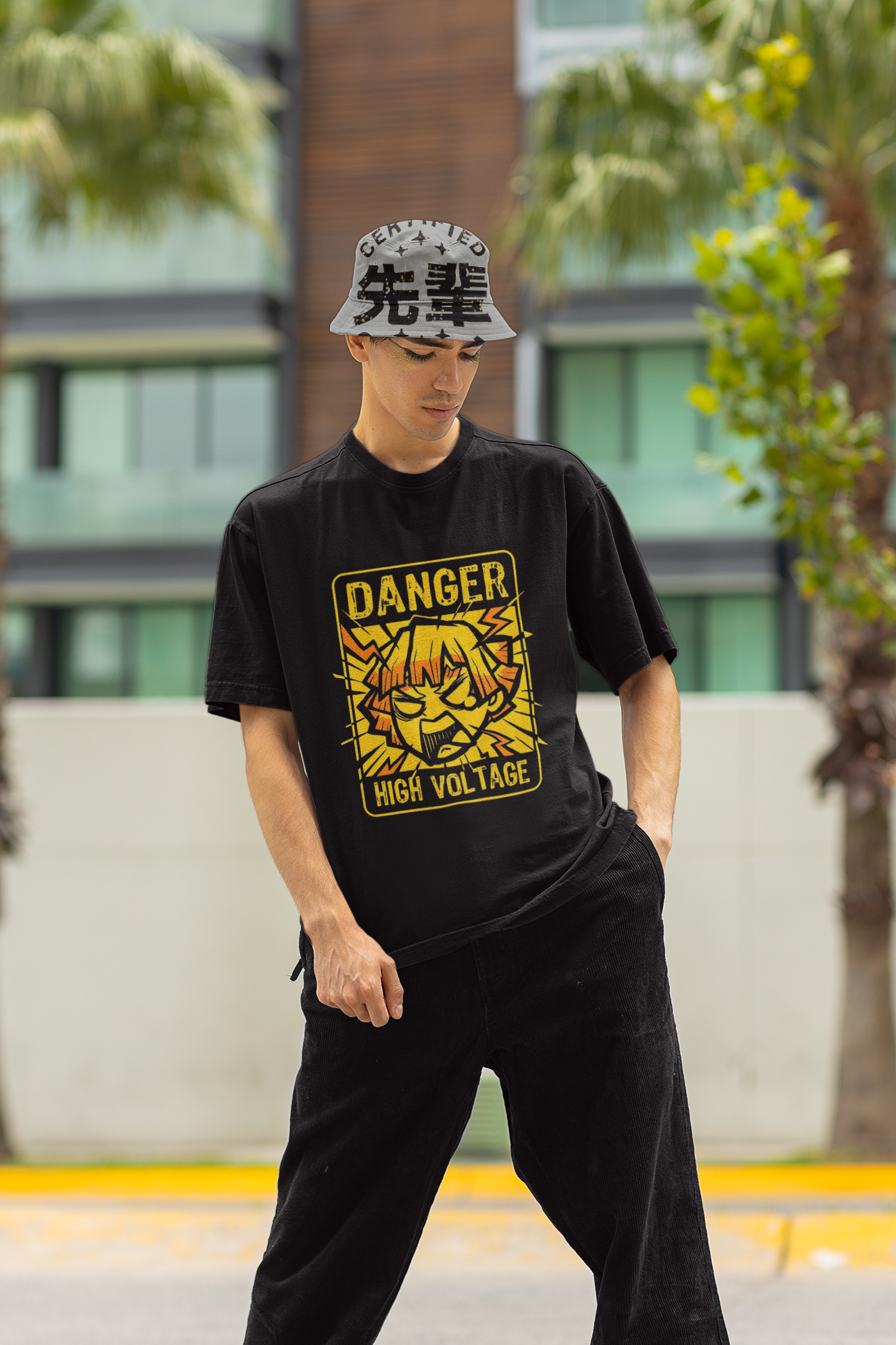 Demon Slayer- Zenitsu High Voltage: Anime- Oversized T-Shirts BLACK