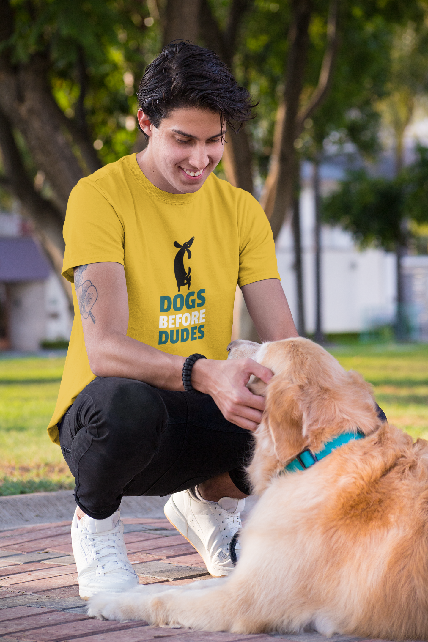 "DOGS BEFORE DUDES " - HALF-SLEEVE T-SHIRTS YELLOW