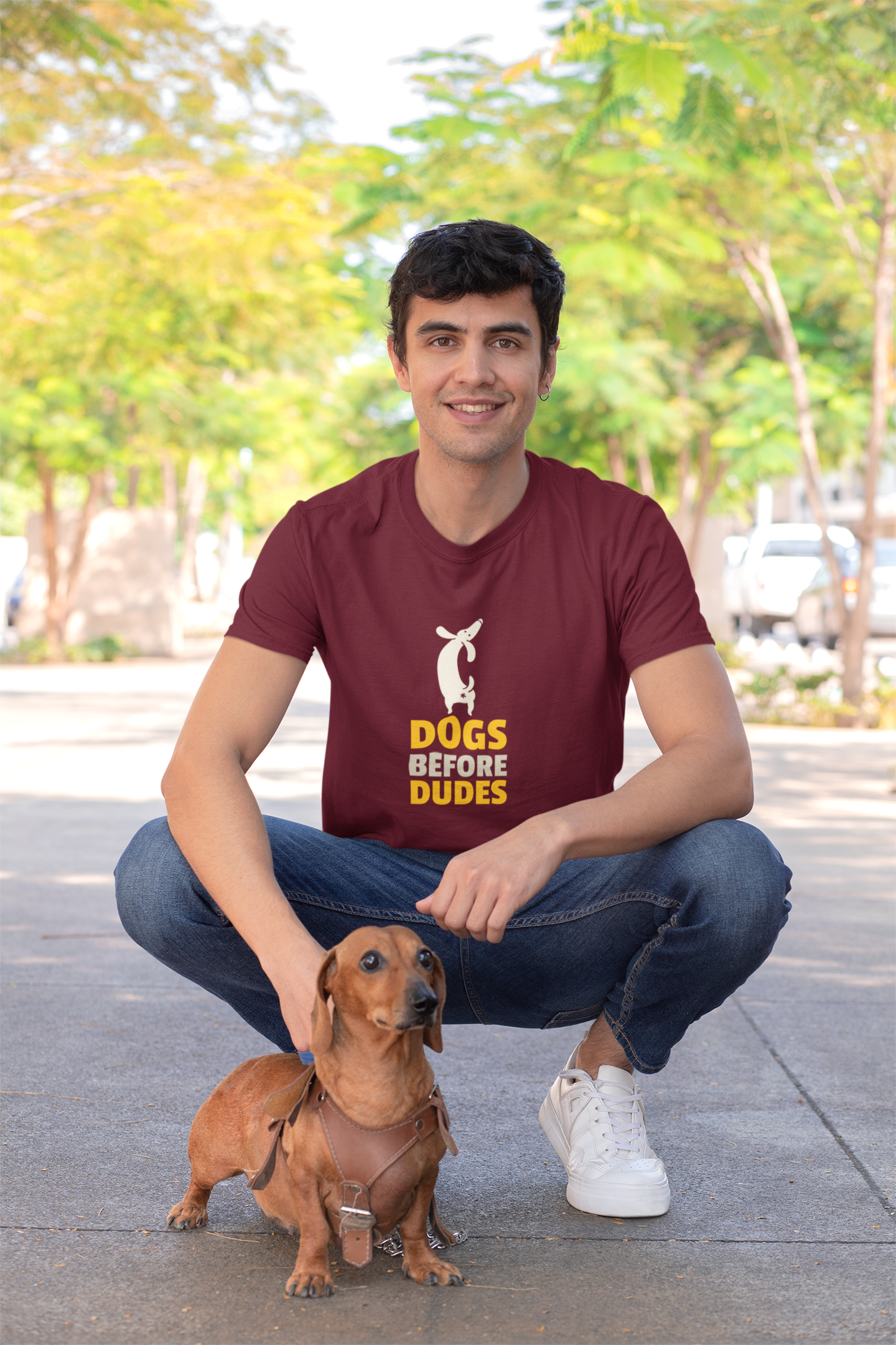 "DOGS BEFORE DUDES " - HALF-SLEEVE T-SHIRTS MAROON