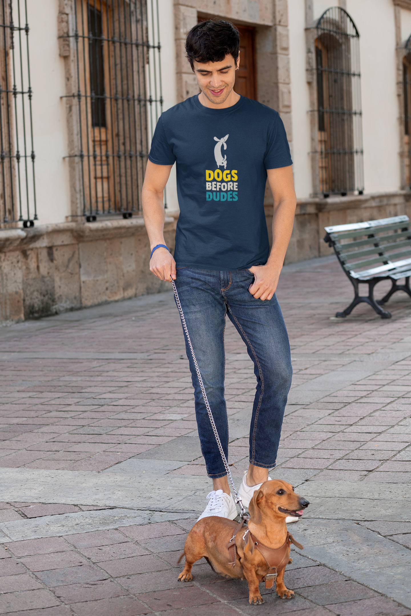 "DOGS BEFORE DUDES " - HALF-SLEEVE T-SHIRTS NAVY BLUE